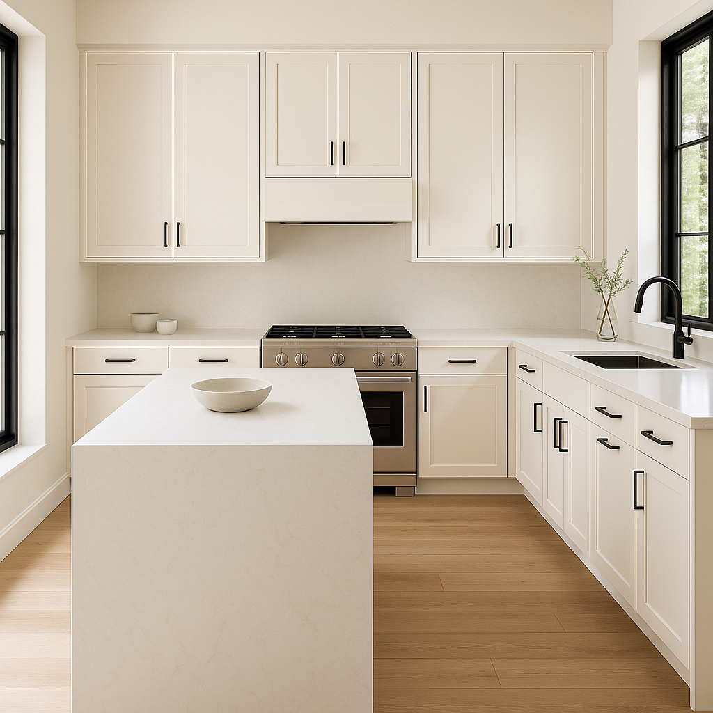 Transitional kitchen design with Sherwin-Williams Whitetail SW7103 cabinets