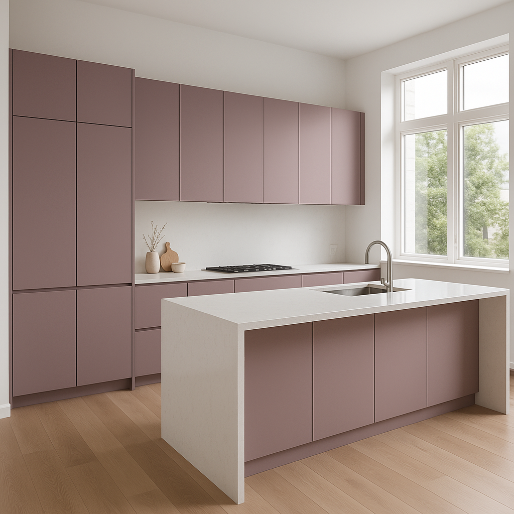 Transitional kitchen design with Sherwin-Williams Vaguely Mauve SW6015 cabinets