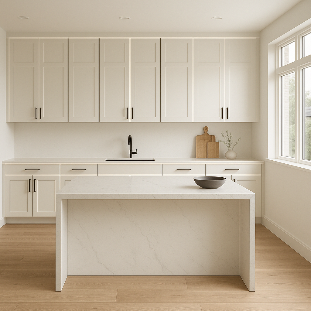 Transitional kitchen design with Sherwin-Williams White Flour SW7102 cabinets