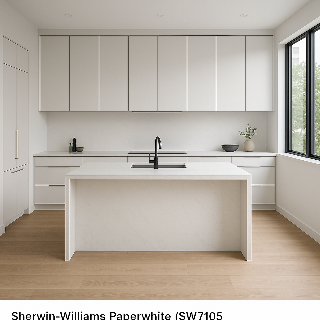 Transitional kitchen design with Sherwin-Williams Paperwhite SW7105 cabinets