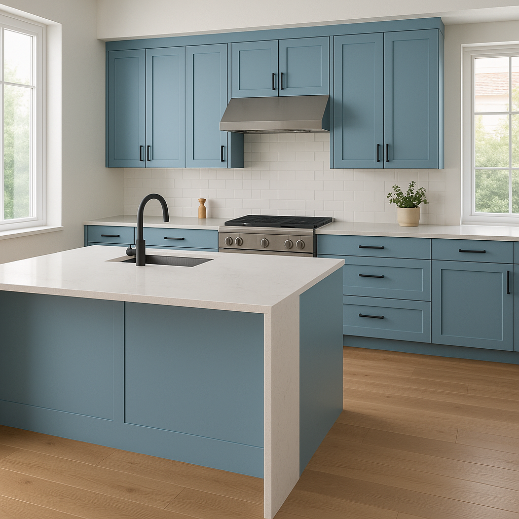 Transitional kitchen design with Sherwin-Williams Sporty Blue SW6522 cabinets