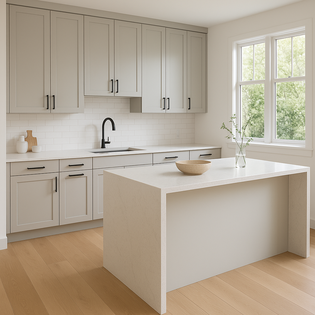 Transitional kitchen design with Sherwin-Williams Tinsmith SW7657 cabinets