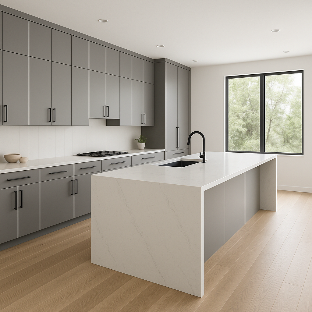 Transitional kitchen design with Sherwin-Williams Network Gray SW7073 cabinets
