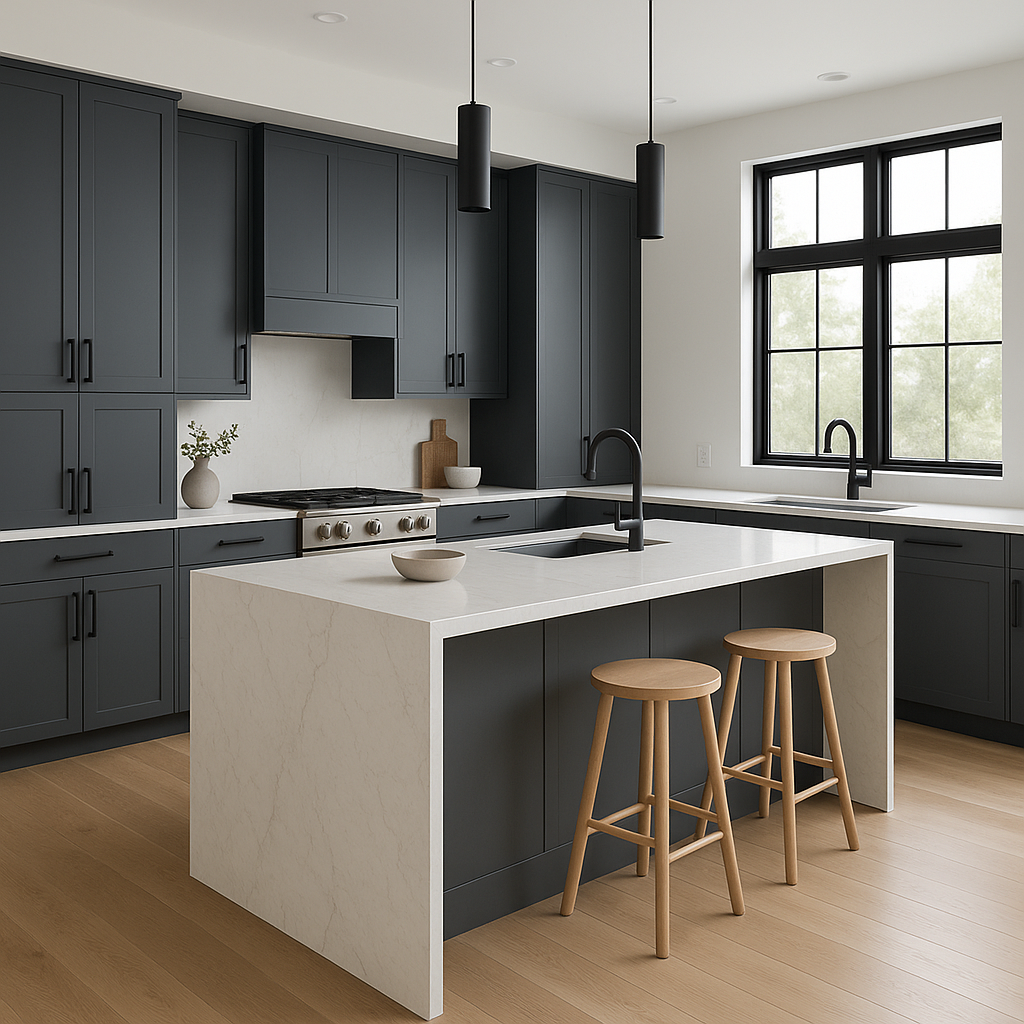 Transitional kitchen design with Sherwin-Williams Outerspace SW6251 cabinets