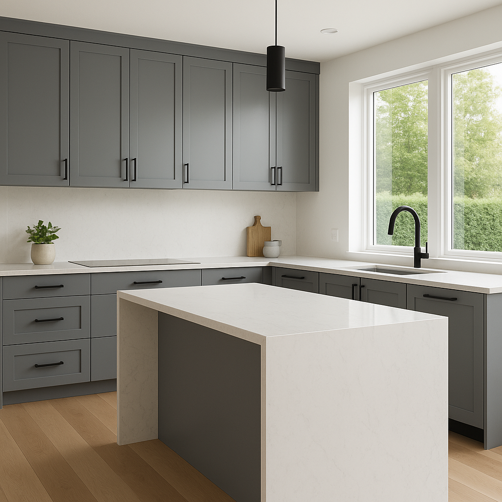 Transitional kitchen design with Sherwin-Williams Steely Gray SW7664 cabinets