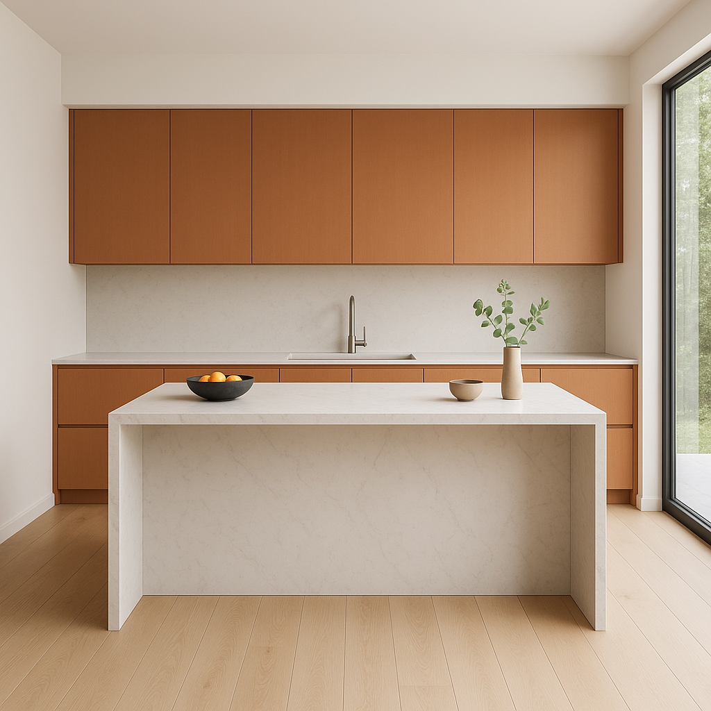 Transitional kitchen design with Sherwin-Williams Gingery SW6363 cabinets