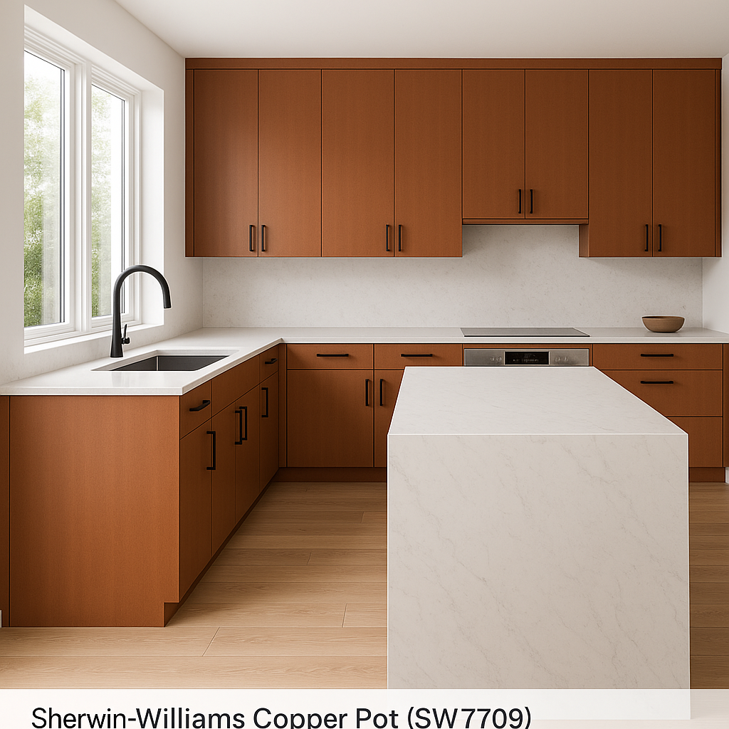Transitional kitchen design with Sherwin-Williams Copper Pot SW7709 cabinets