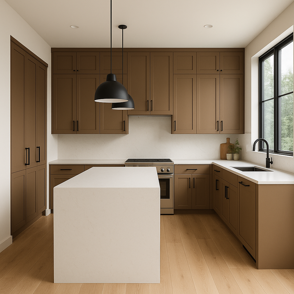 Transitional kitchen design with Sherwin-Williams Homestead Brown SW7515 cabinets