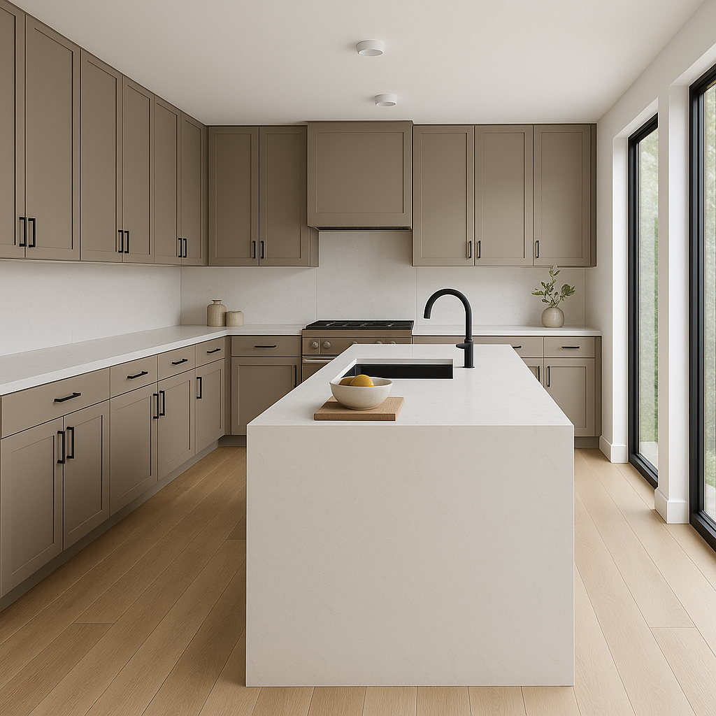 Transitional kitchen design with Sherwin-Williams Tavern Taupe SW7508 cabinets