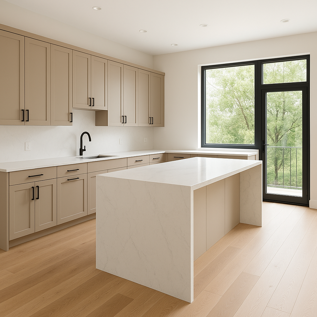 Transitional kitchen design with Sherwin-Williams Sanderling SW7513 cabinets