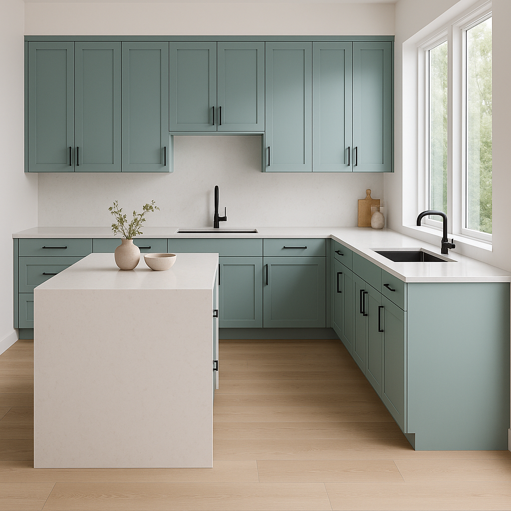 Transitional kitchen design with Sherwin-Williams Interesting Aqua SW6220 cabinets
