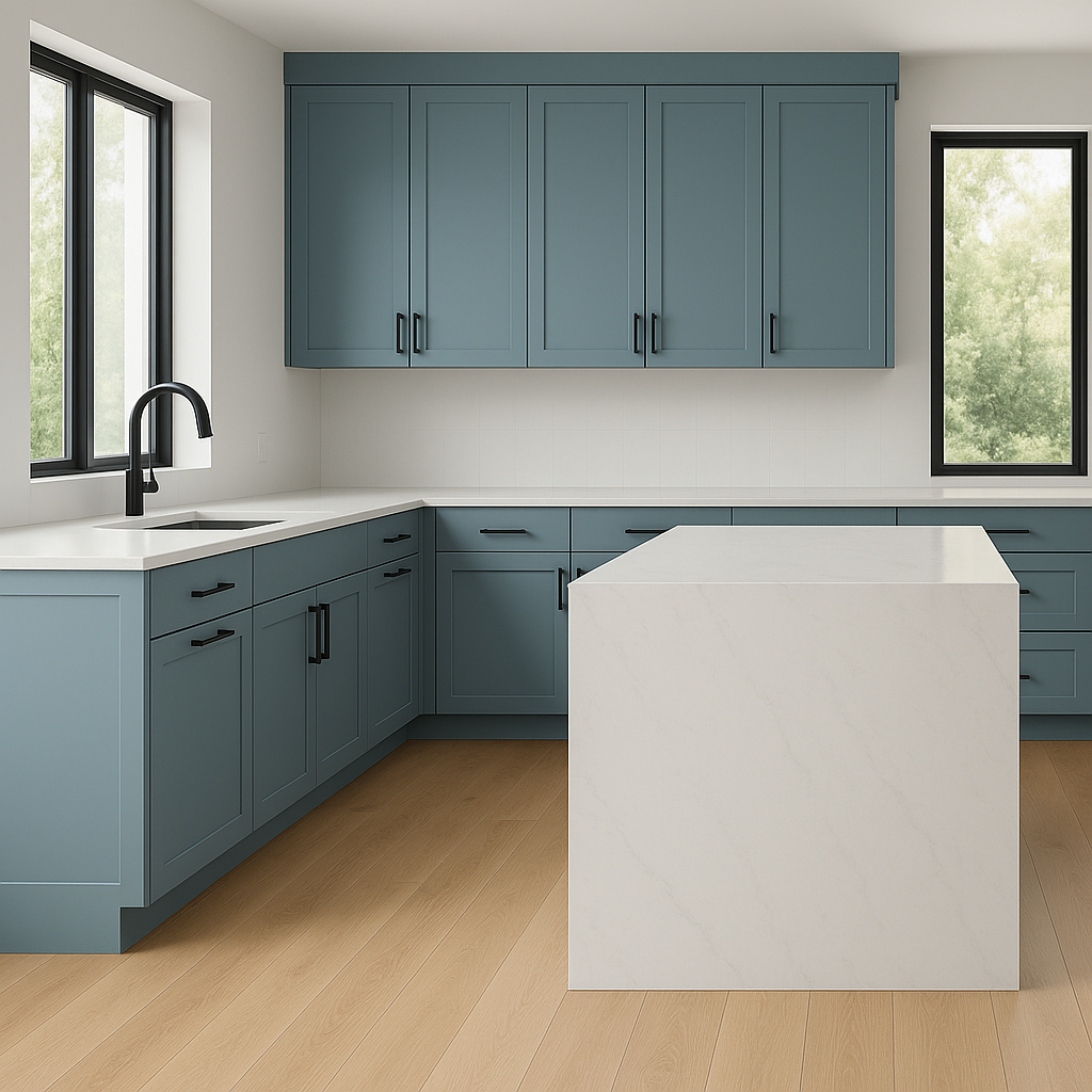 Transitional kitchen design with Sherwin-Williams Dockside Blue SW7601 cabinets