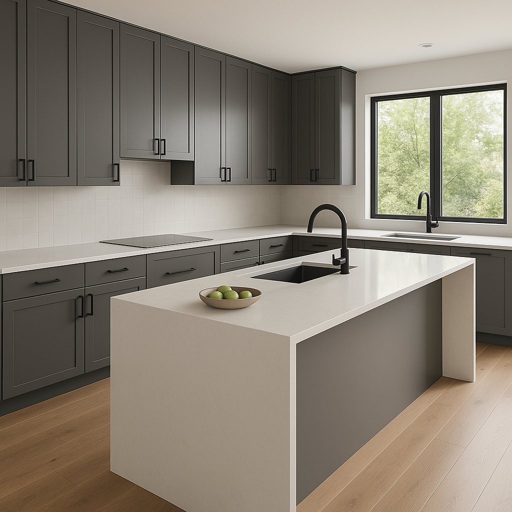 Transitional kitchen design with Sherwin-Williams Grizzle Gray SW7068 cabinets