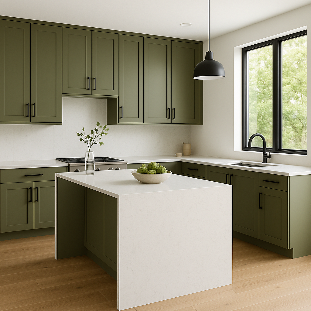 Transitional kitchen design with Sherwin-Williams Olive Grove SW7734 cabinets