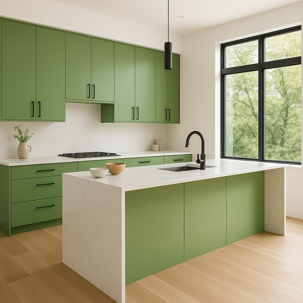 Transitional kitchen design with Sherwin-Williams Grasshopper SW6733 cabinets