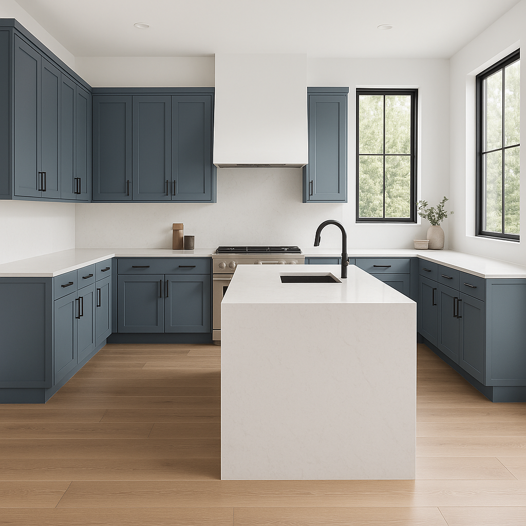 Transitional kitchen design with Sherwin-Williams Daphne SW9151 cabinets