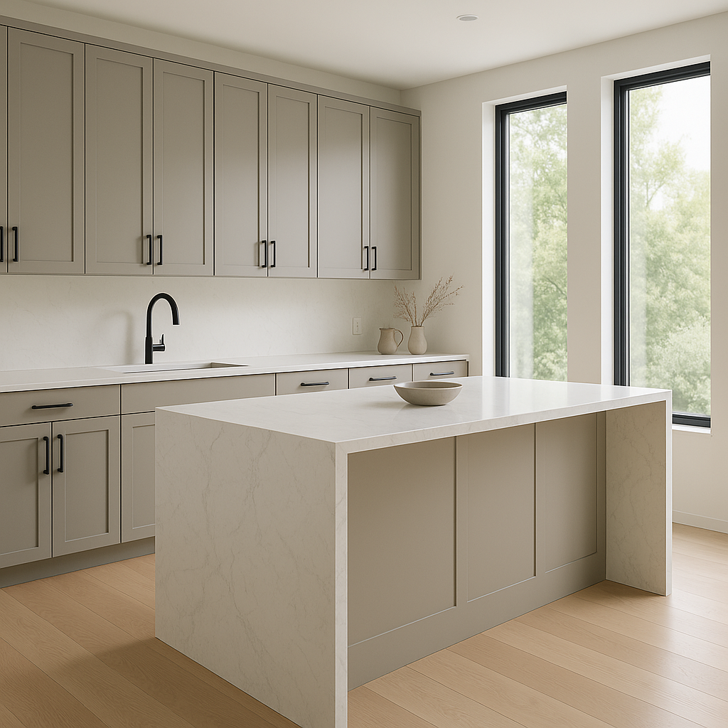 Transitional kitchen design with Sherwin-Williams Pussywillow SW7643 cabinets