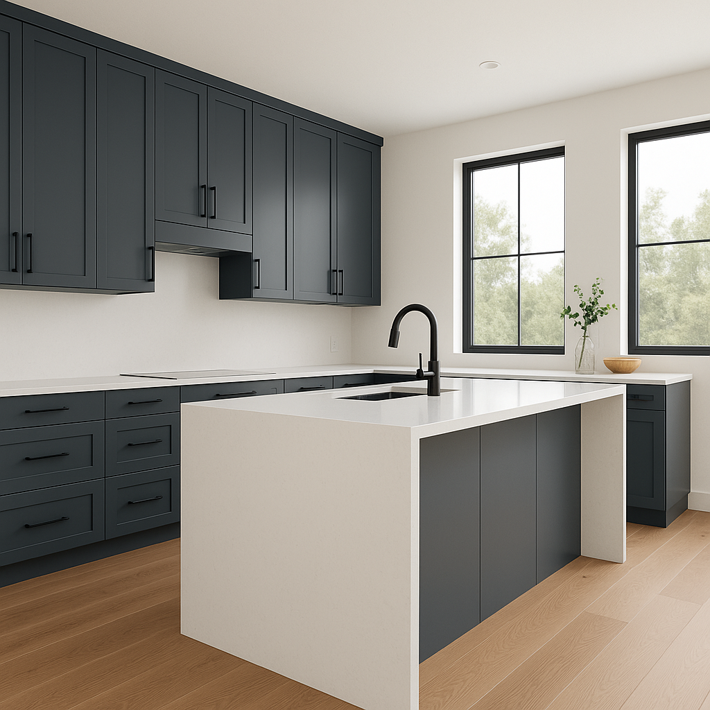 Transitional kitchen design with Sherwin-Williams Mount Etna SW7625 cabinets
