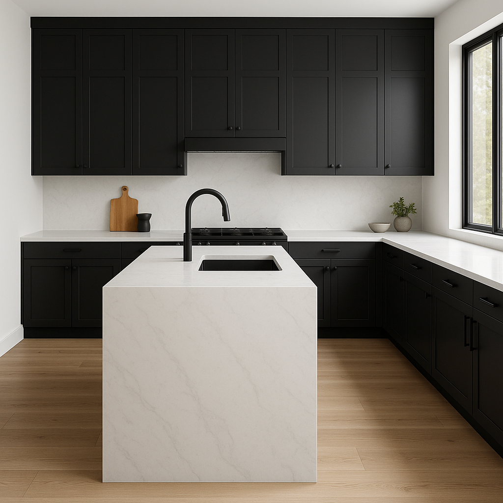 Transitional kitchen design with Sherwin-Williams Black Magic SW6991 cabinets