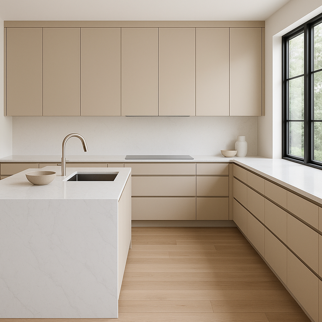 Transitional kitchen design with Sherwin-Williams Dhurrie Beige SW7524 cabinets