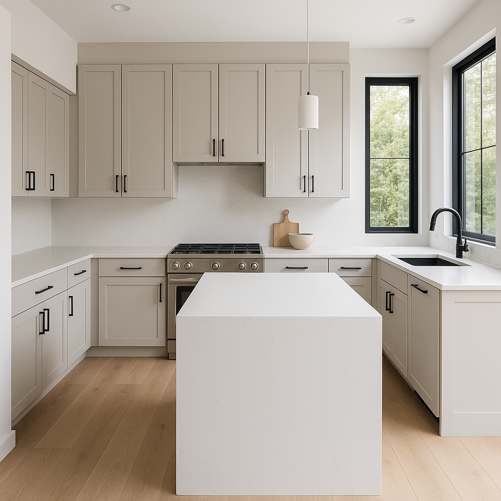 Transitional kitchen design with Sherwin-Williams Pediment SW7634 cabinets