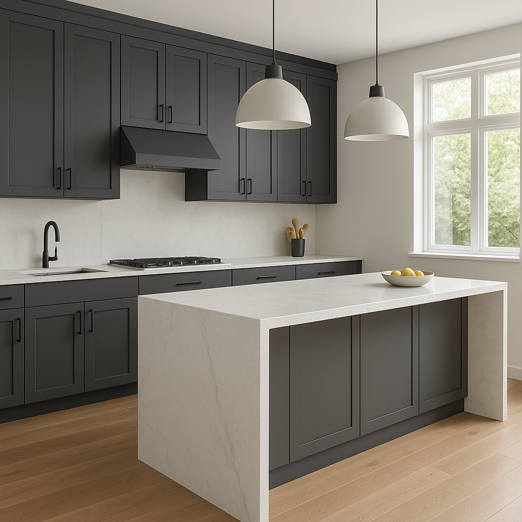 Transitional kitchen design with Sherwin-Williams Web Gray SW7075 cabinets