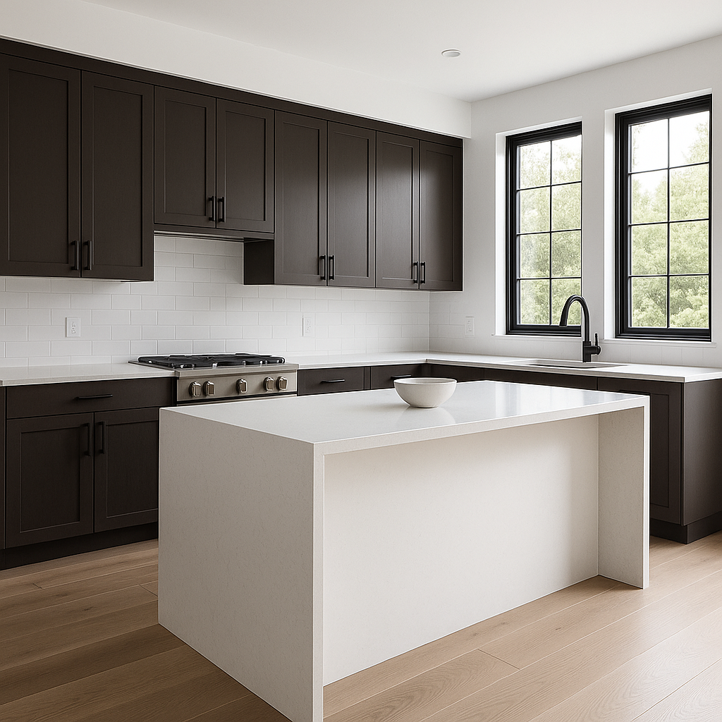Transitional kitchen design with Sherwin-Williams Sealskin SW7675 cabinets