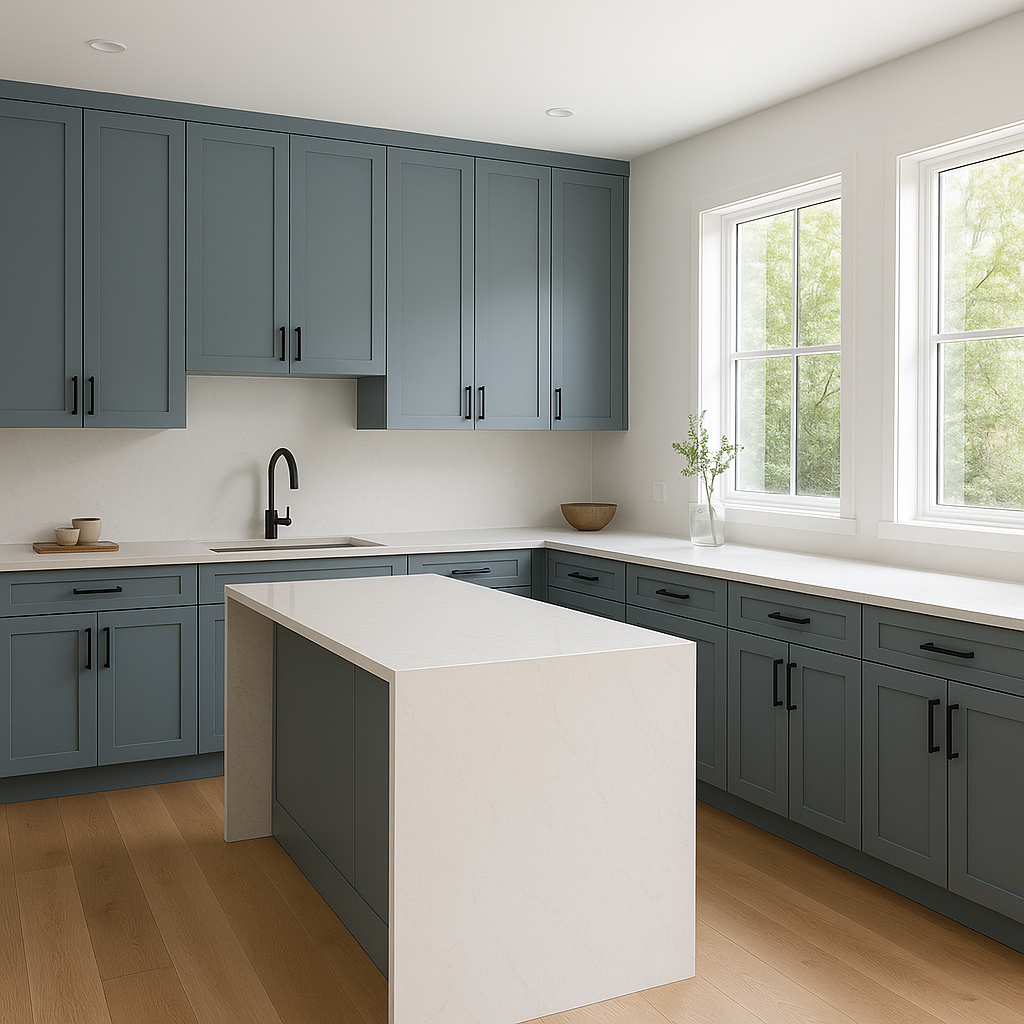 Transitional kitchen design with Sherwin-Williams Blustery Sky SW9140 cabinets