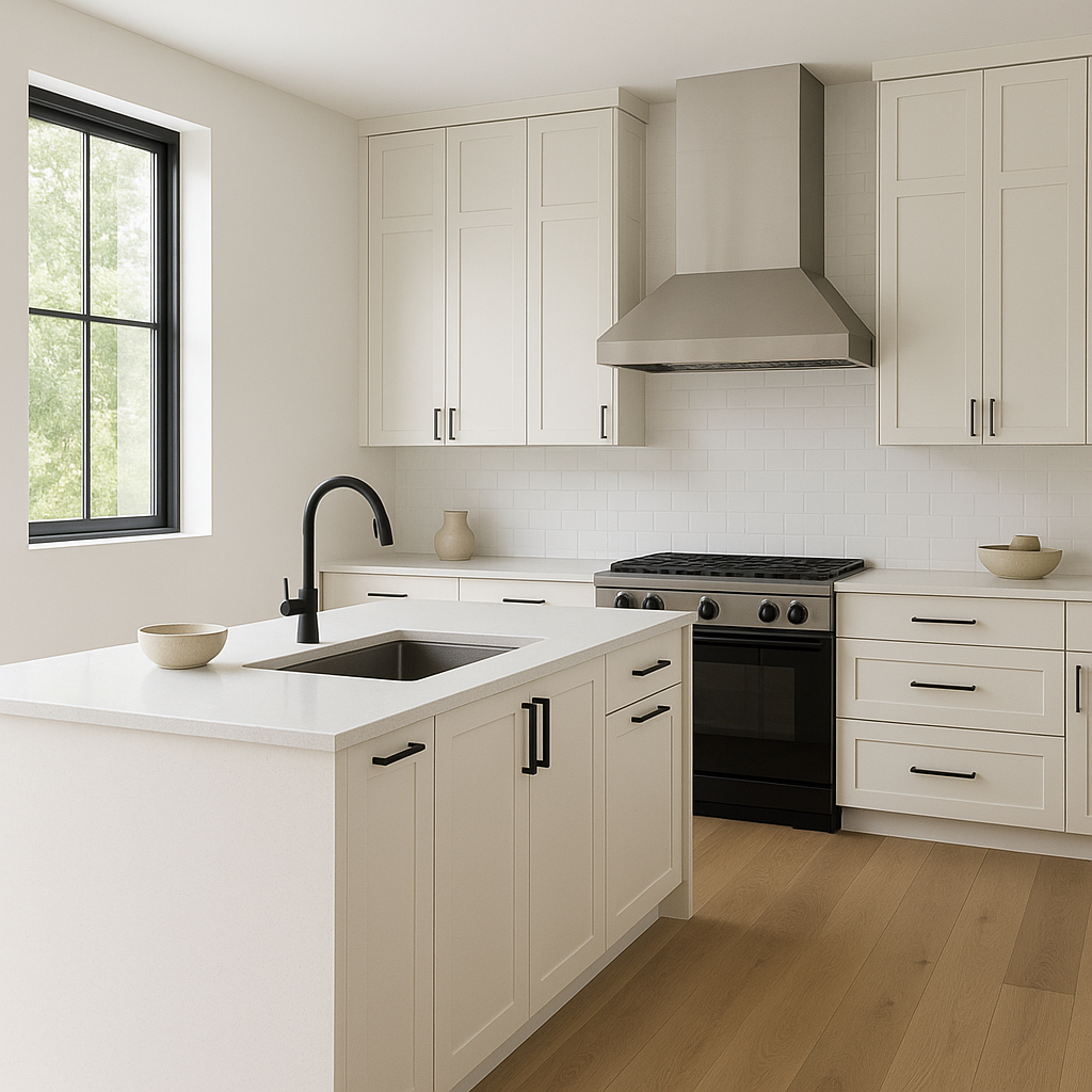 Transitional kitchen design with Sherwin-Williams Kestrel White SW7516 cabinets