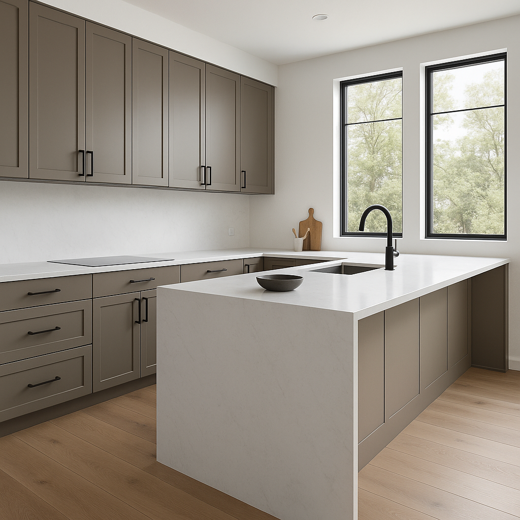 Transitional kitchen design with Sherwin-Williams Brainstorm Bronze SW7033 cabinets