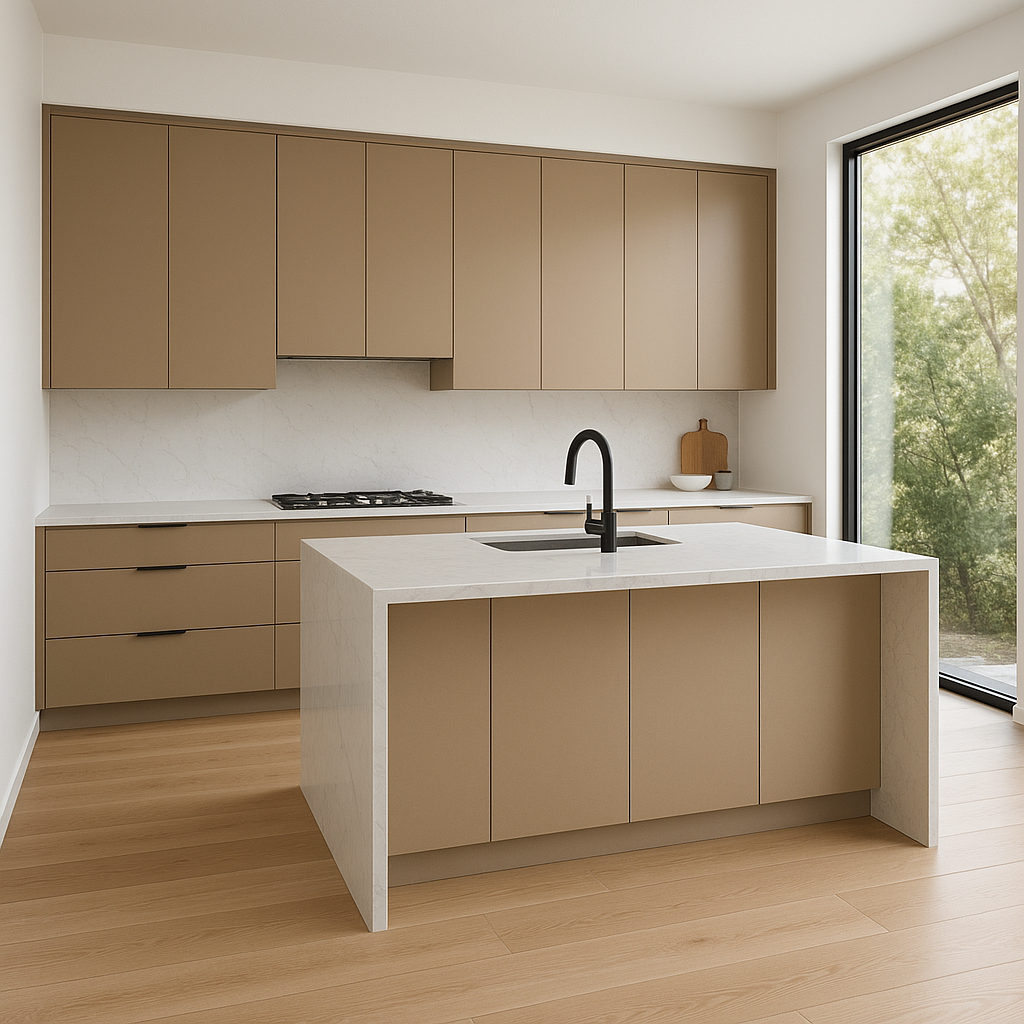 Transitional kitchen design with Sherwin-Williams Ginger Root SW9095 cabinets