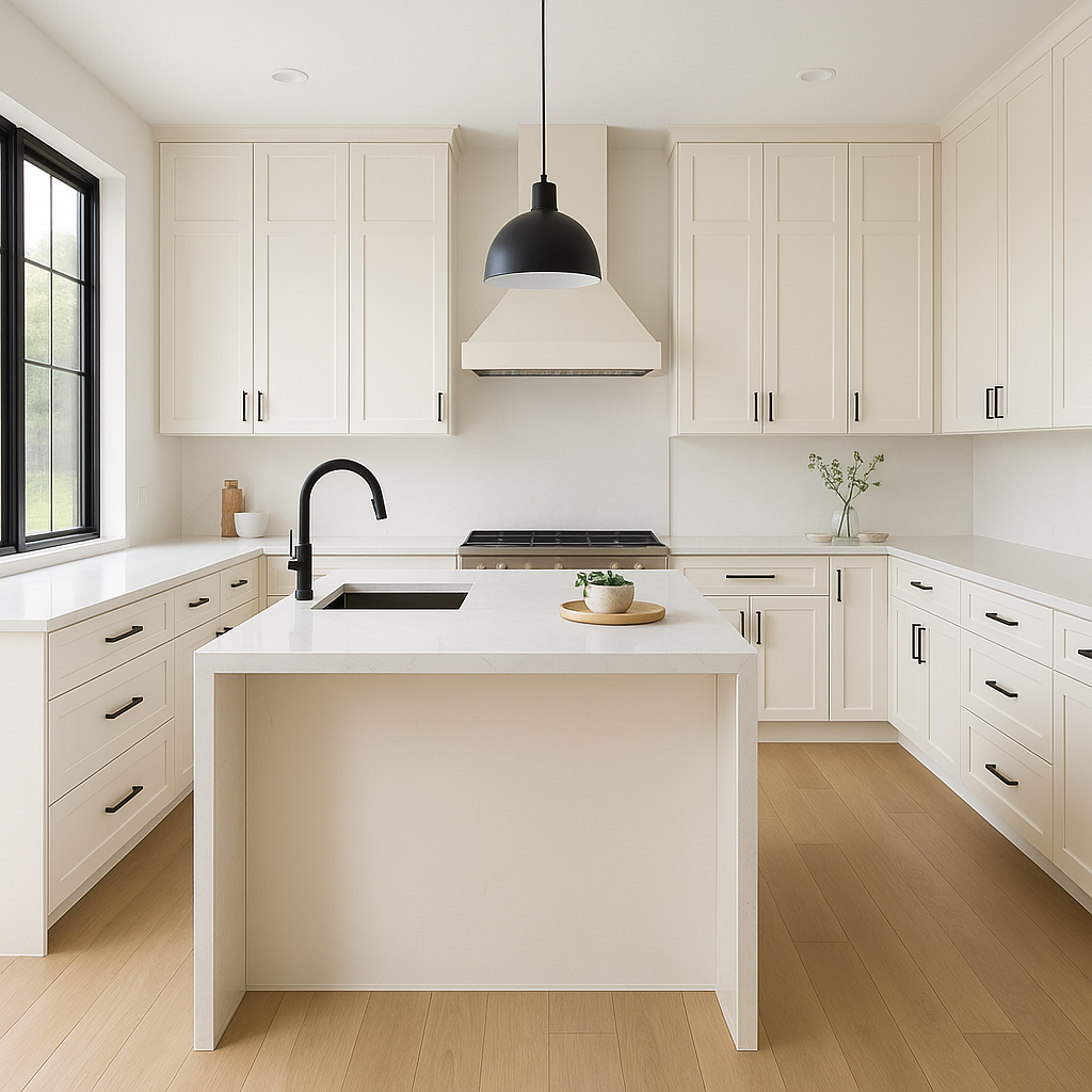 Transitional kitchen design with Sherwin-Williams Dover White SW6385 cabinets