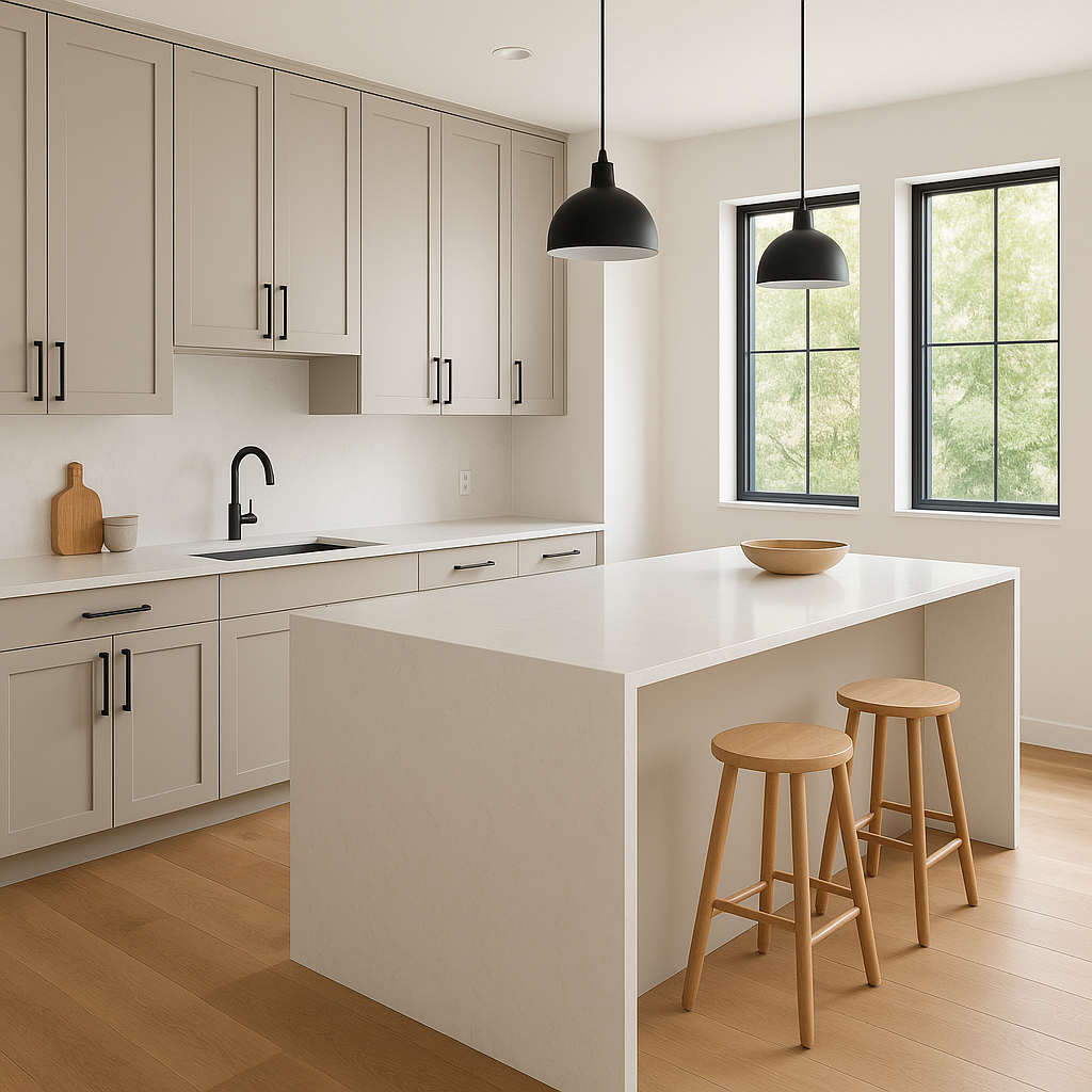 Transitional kitchen design with Sherwin-Williams Anew Gray SW7030 cabinets