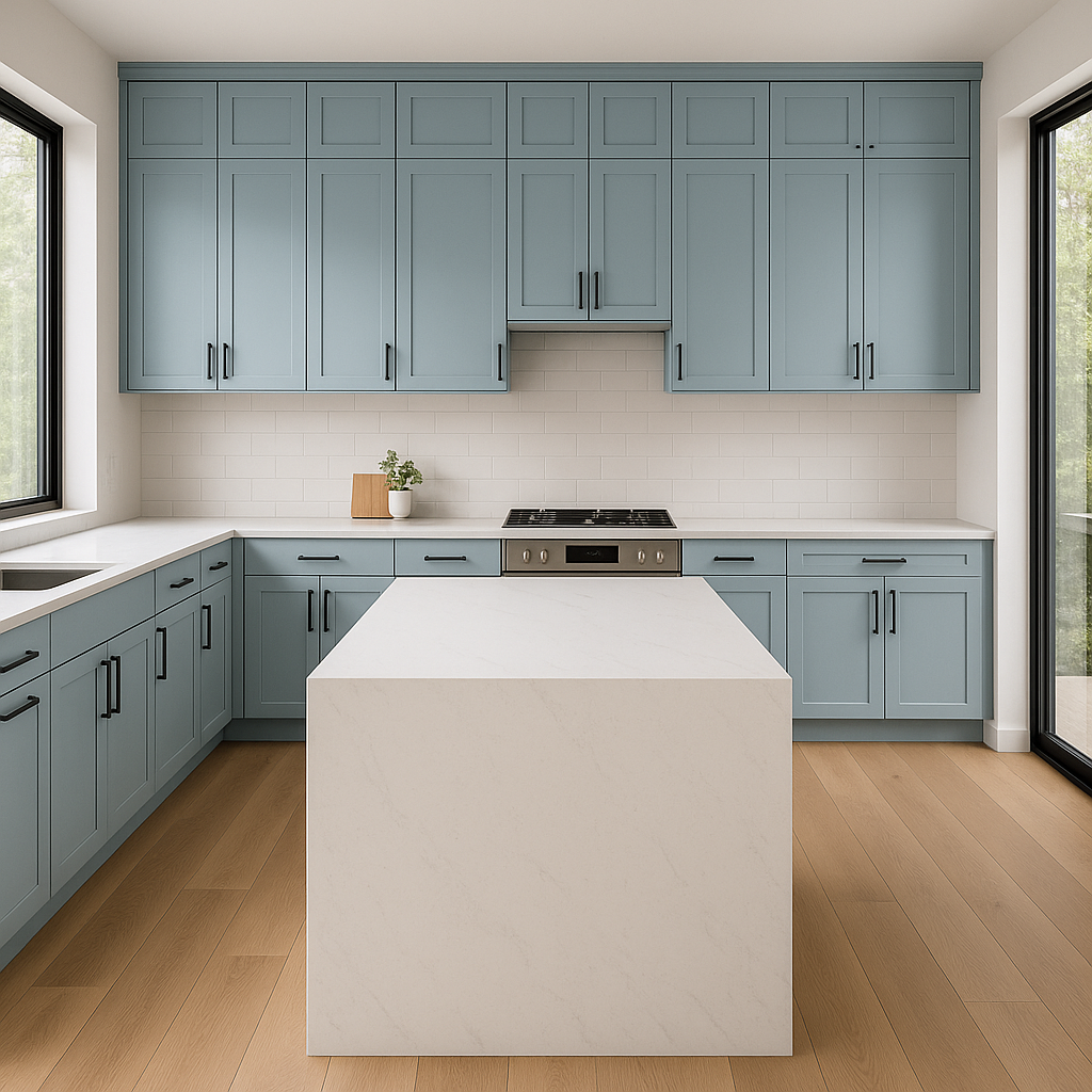 Transitional kitchen design with Sherwin-Williams Tradewind SW6218 cabinets