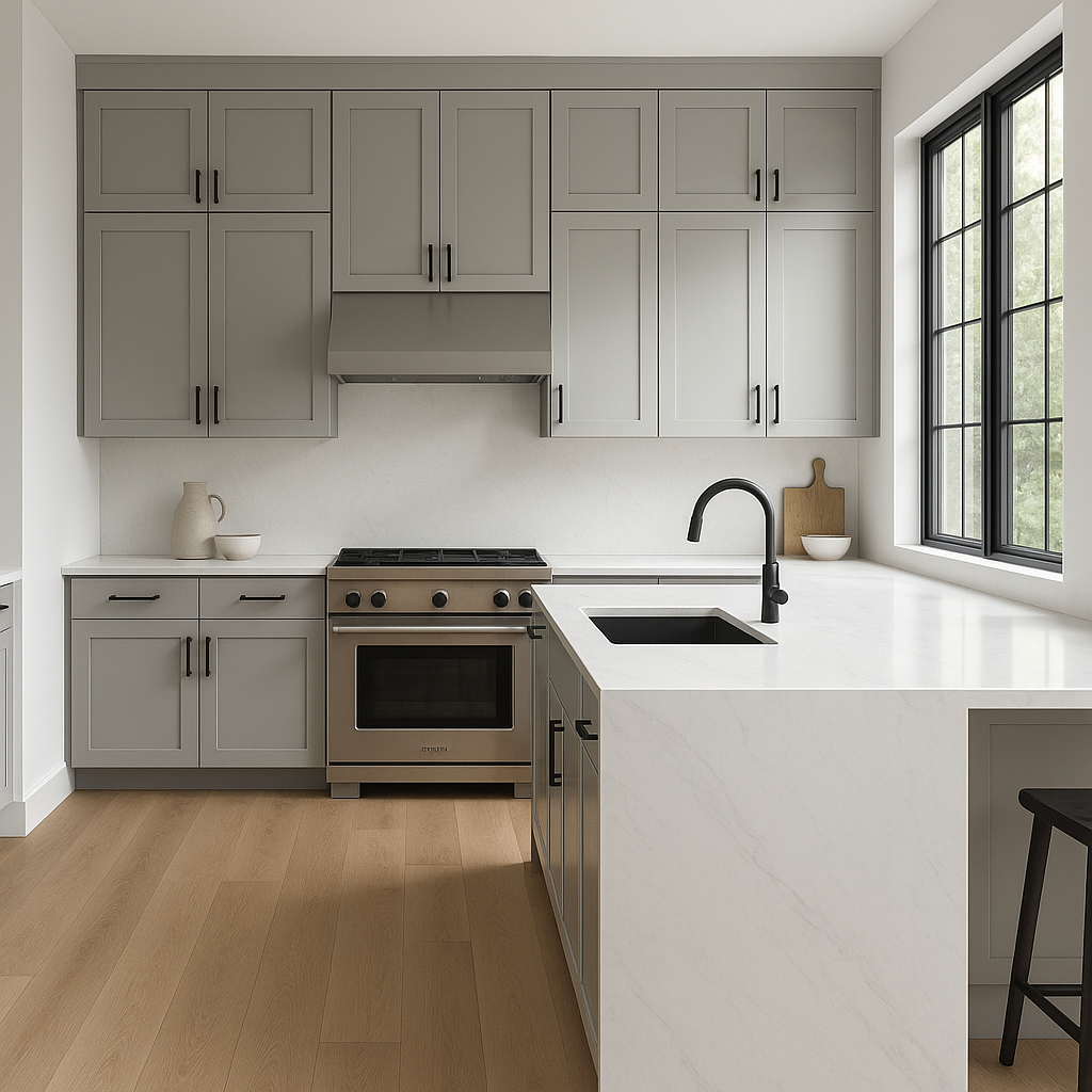 Transitional kitchen design with Sherwin-Williams Argos SW7065 cabinets