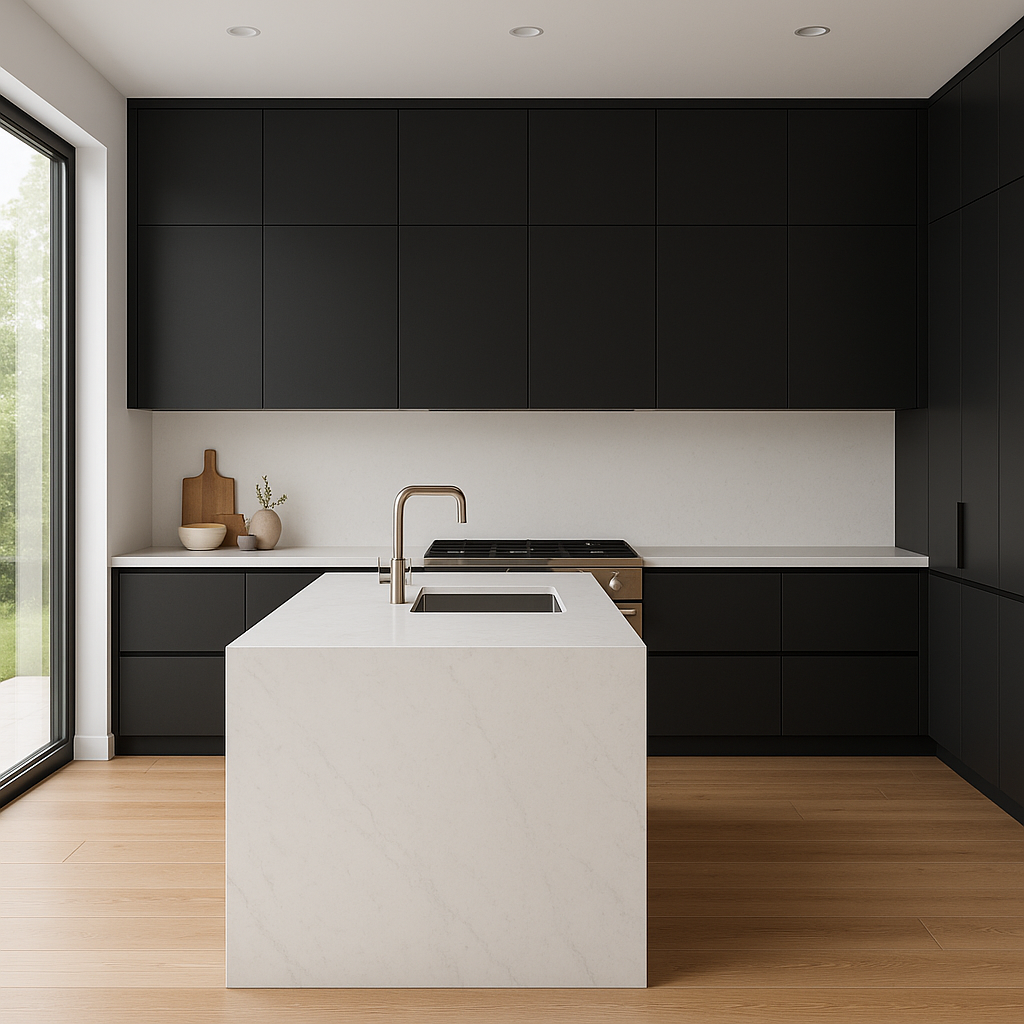 Transitional kitchen design with Sherwin-Williams Bohemian Black SW6988 cabinets