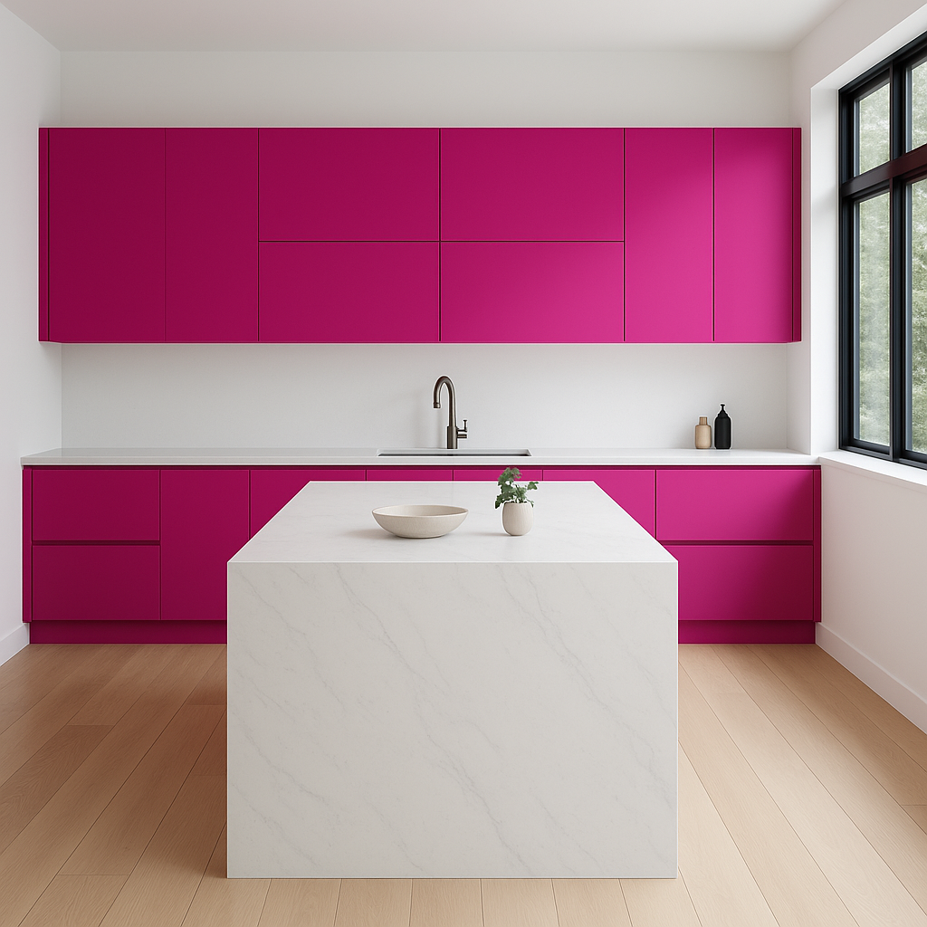 Transitional kitchen design with Sherwin-Williams Forward Fuchsia SW6842 cabinets