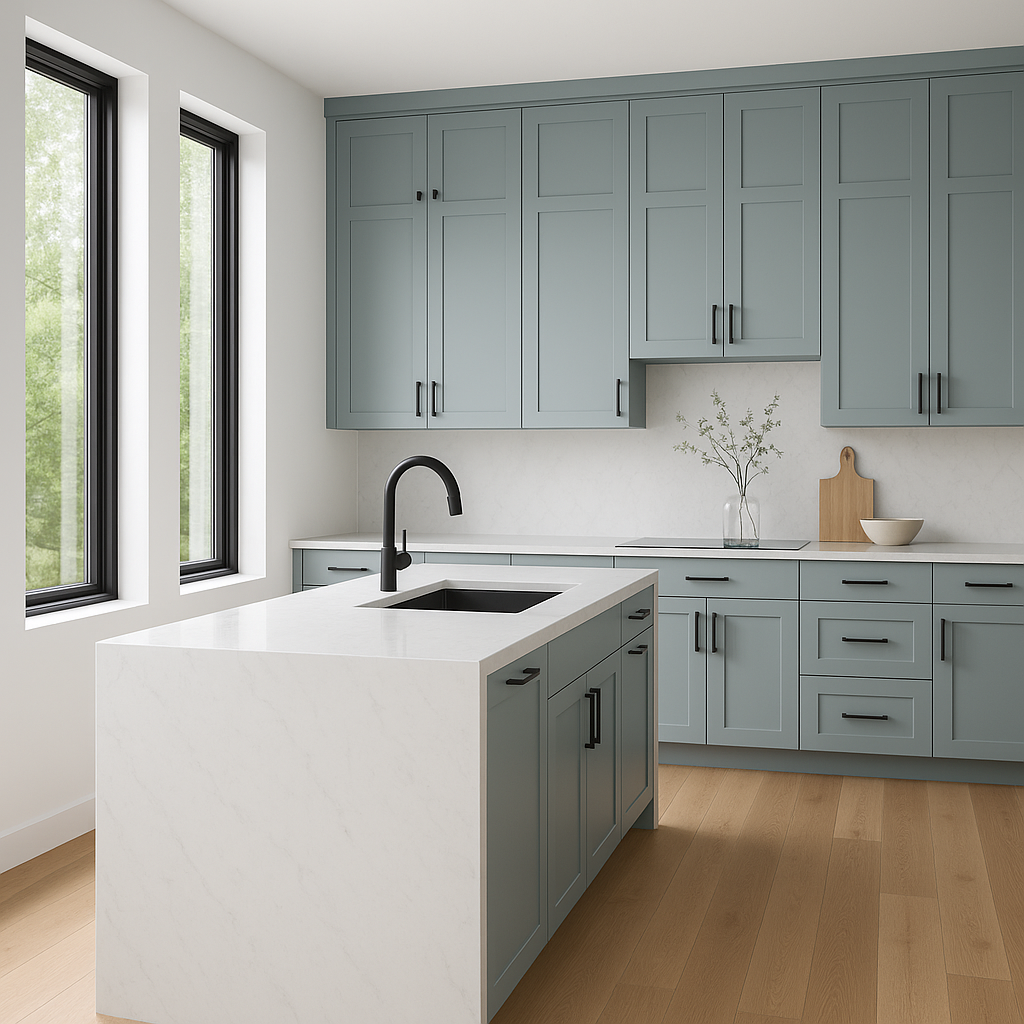 Transitional kitchen design with Sherwin-Williams Rain SW6219 cabinets
