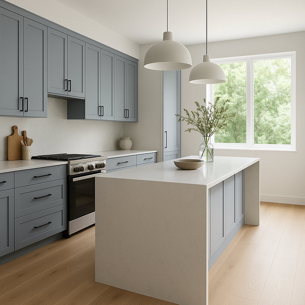 Transitional kitchen design with Sherwin-Williams Foggy Day SW6235 cabinets