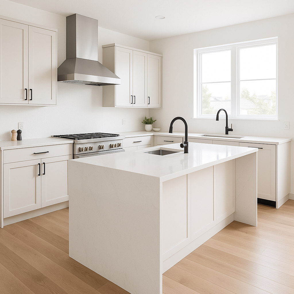 Transitional kitchen design with Sherwin-Williams Aesthetic White SW7035 cabinets