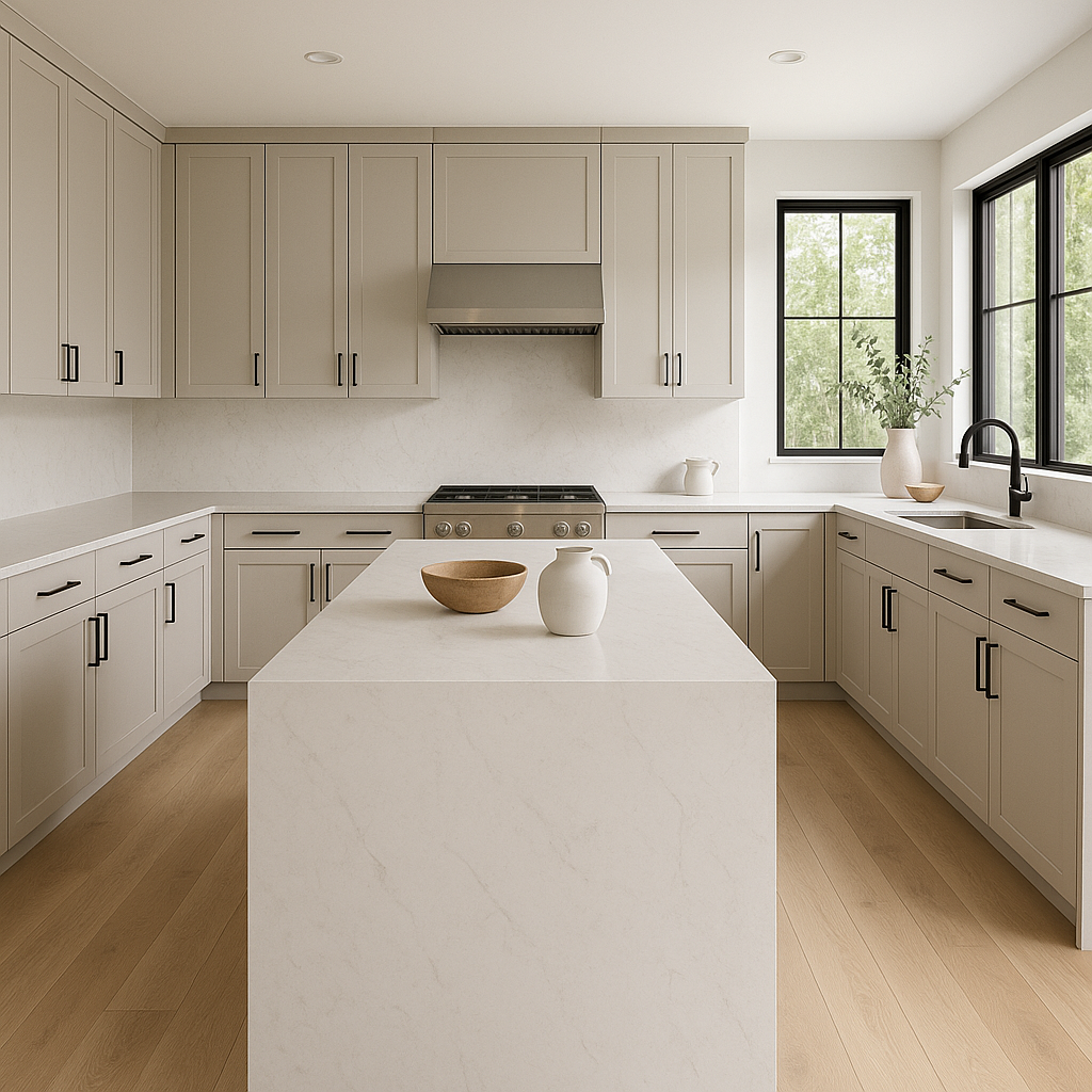 Transitional kitchen design with Sherwin-Williams Gossamer Veil SW9165 cabinets