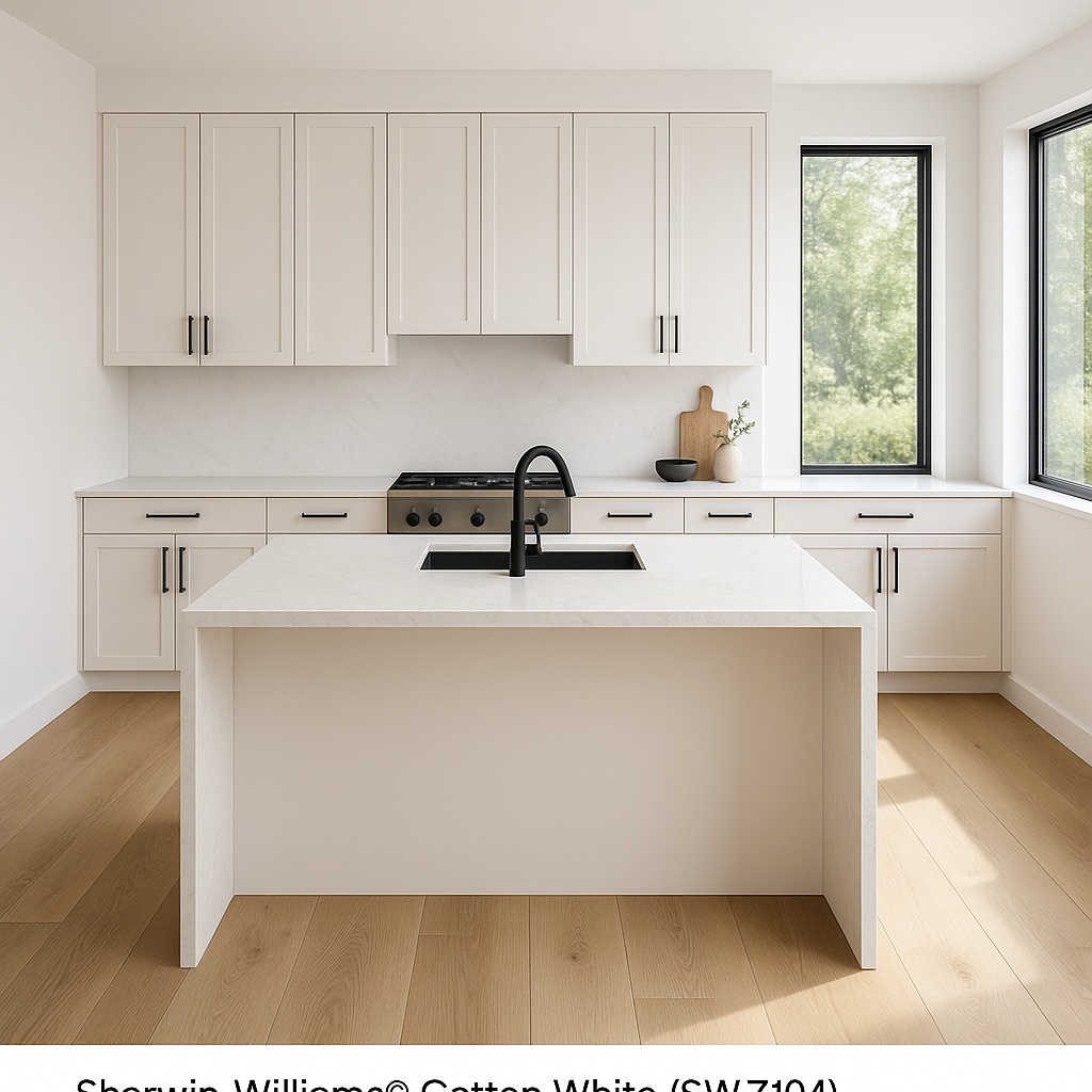 Transitional kitchen design with Sherwin-Williams Cotton White SW7104 cabinets