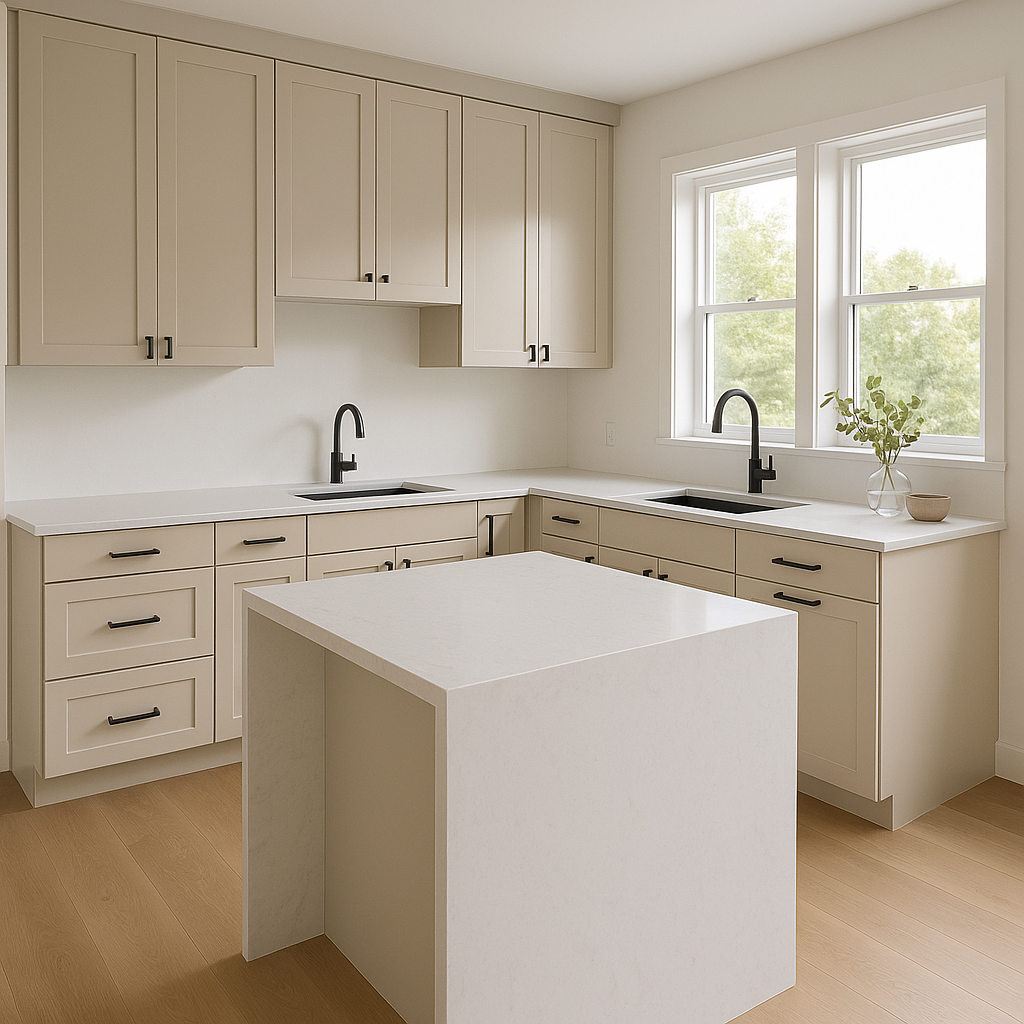 Transitional kitchen design with Sherwin-Williams Sand Beach SW7529 cabinets