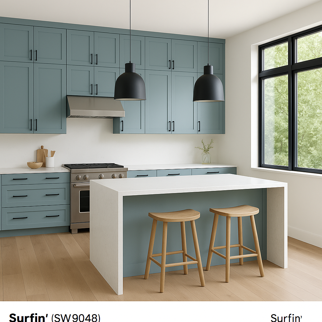 Transitional kitchen design with Sherwin-Williams Surfin' SW9048 cabinets