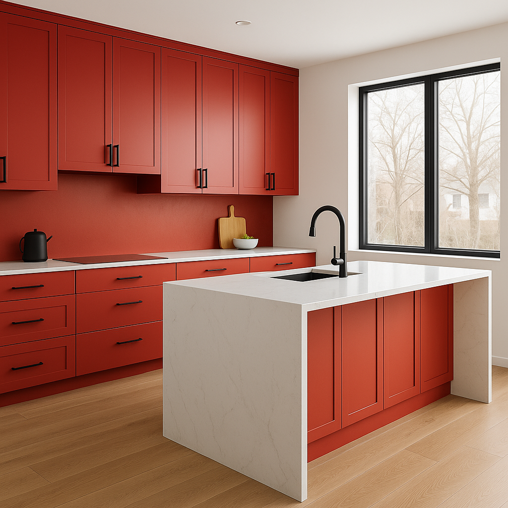 Transitional kitchen design with Sherwin-Williams Cayenne SW6881 cabinets