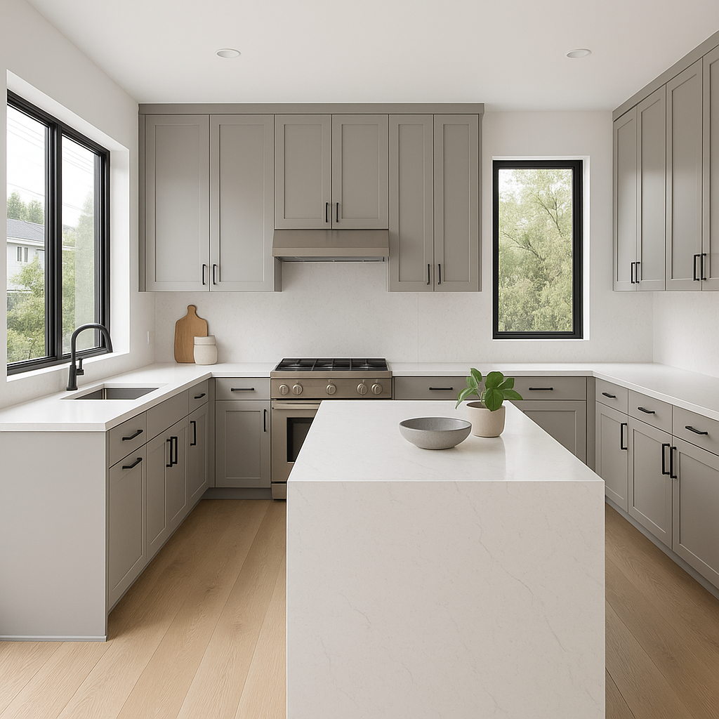 Transitional kitchen design with Sherwin-Williams Pier SW7545 cabinets