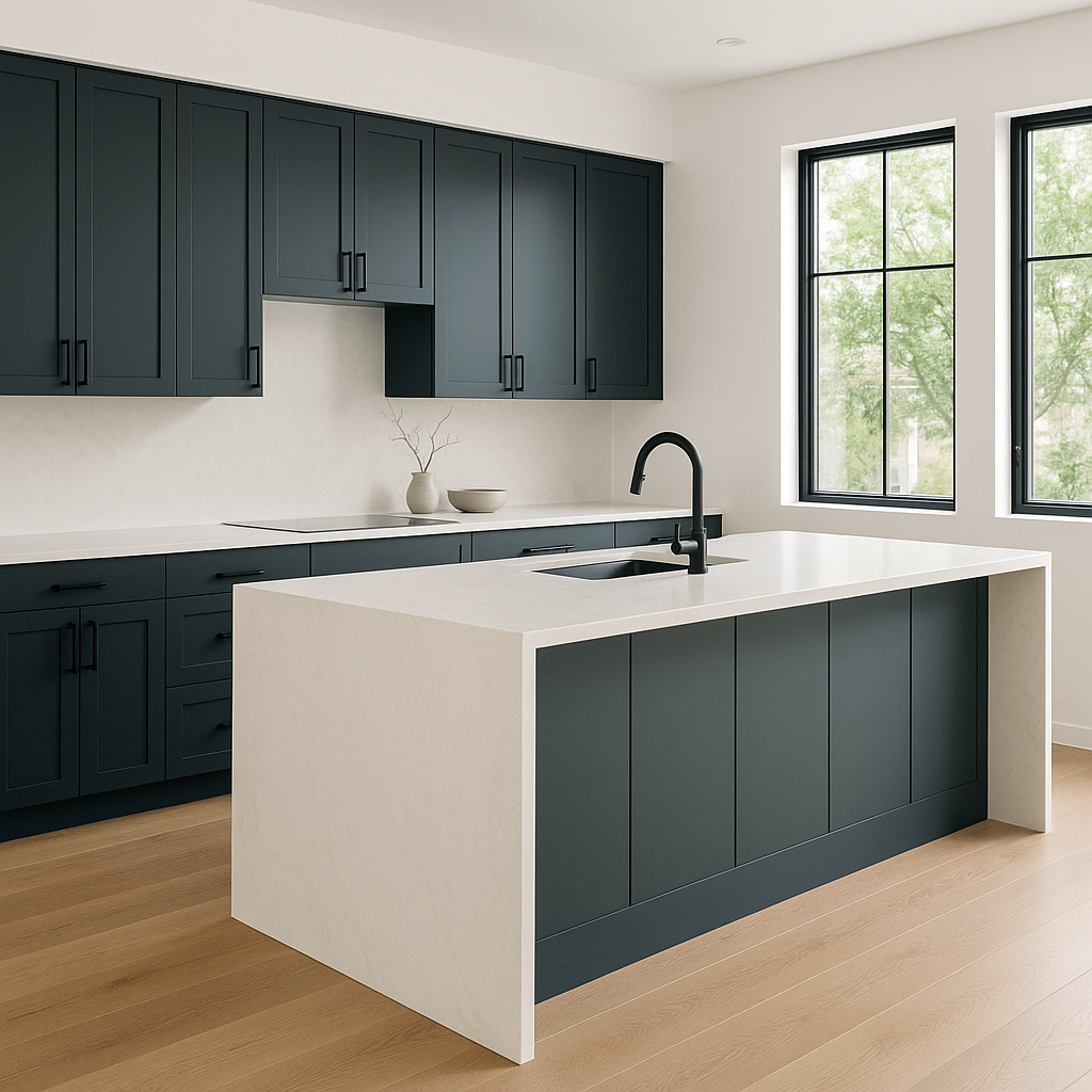 Transitional kitchen design with Sherwin-Williams Needlepoint Navy SW0032 cabinets