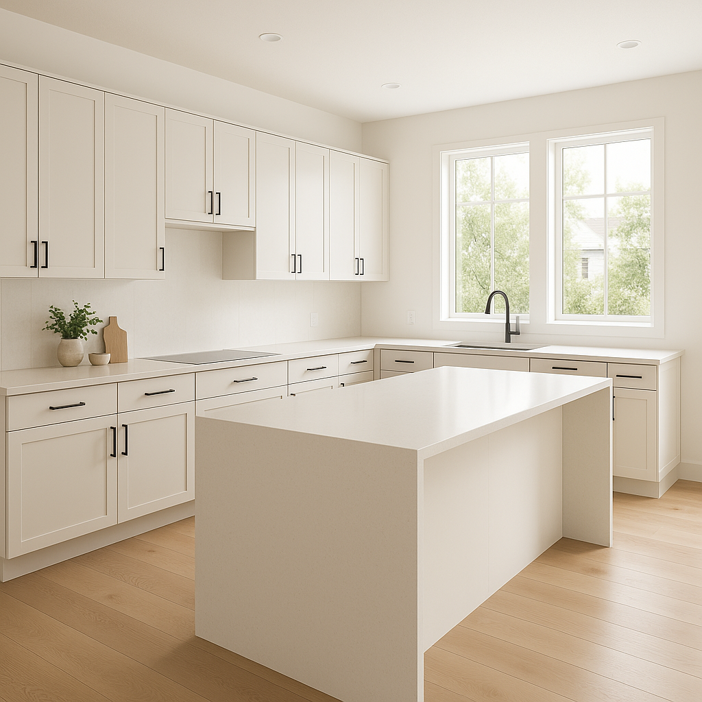 Transitional kitchen design with Sherwin-Williams Origami White SW7636 cabinets