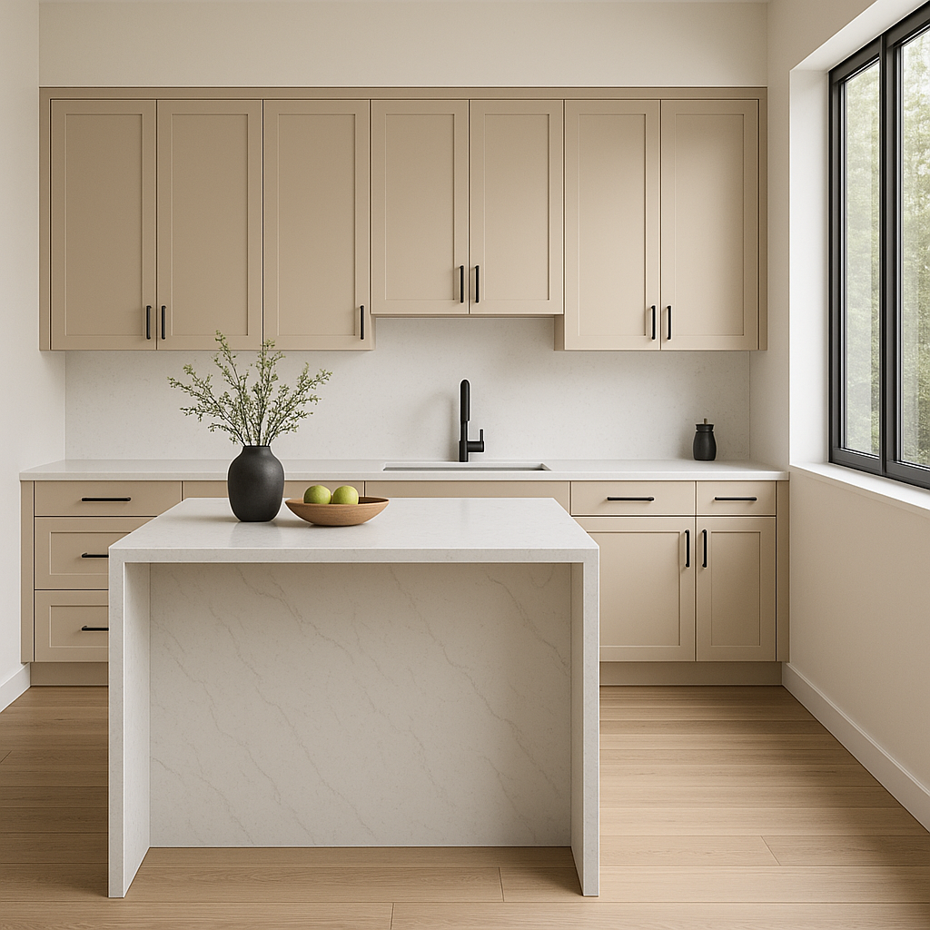 Transitional kitchen design with Sherwin-Williams Pavilion Beige SW7512 cabinets