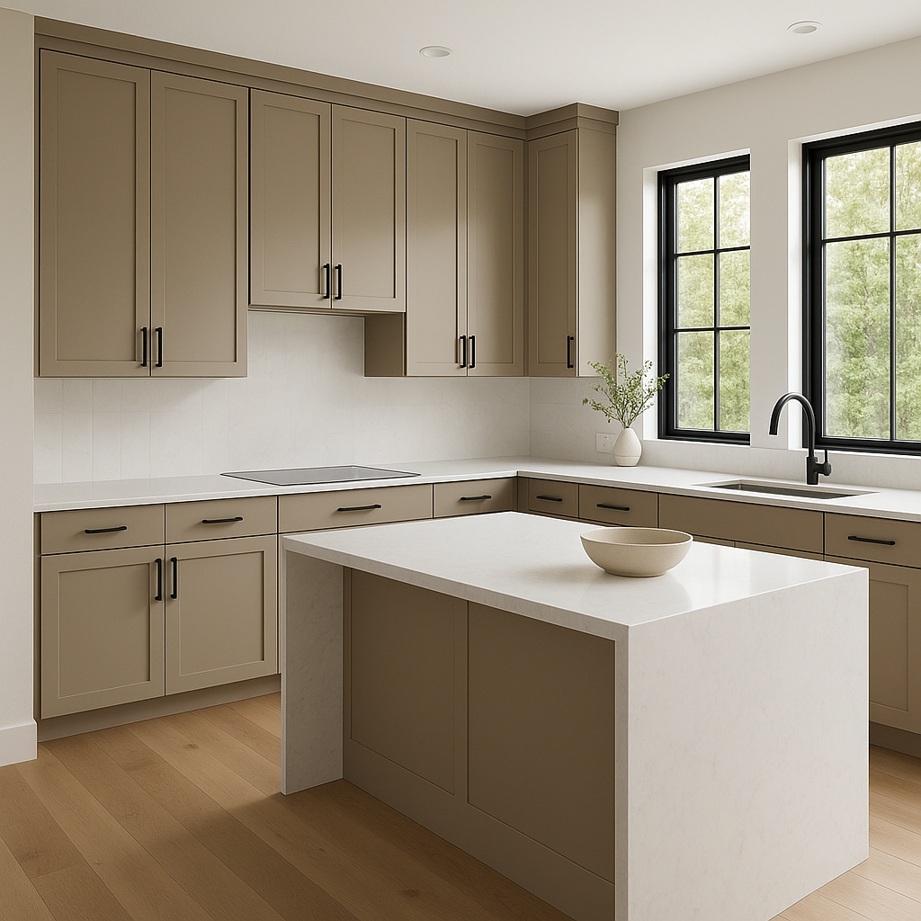 Transitional kitchen design with Sherwin-Williams Loggia SW7506 cabinets